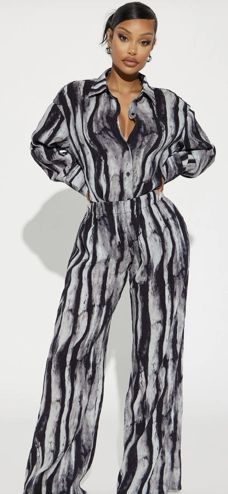 Black & White Striped Collared Shirt & Wide-Leg Pants Set, Long Sleeve, Casual