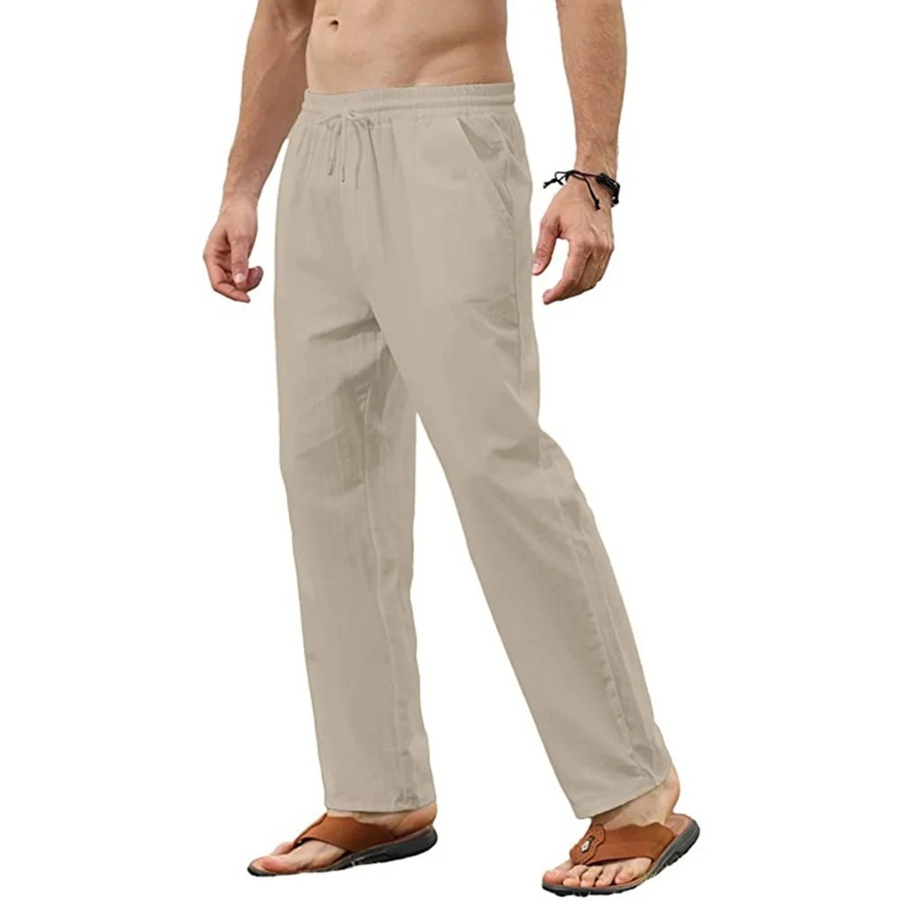 Men's Cotton Linen Loose Drawstring Jogger Pants Breathable Trousers