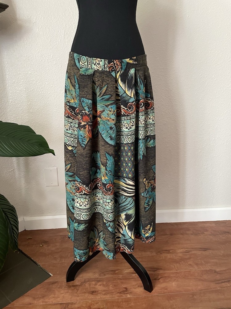 Vintage  Women's Multicolor Floral Geometric Pleated A-Line Maxi Skirt