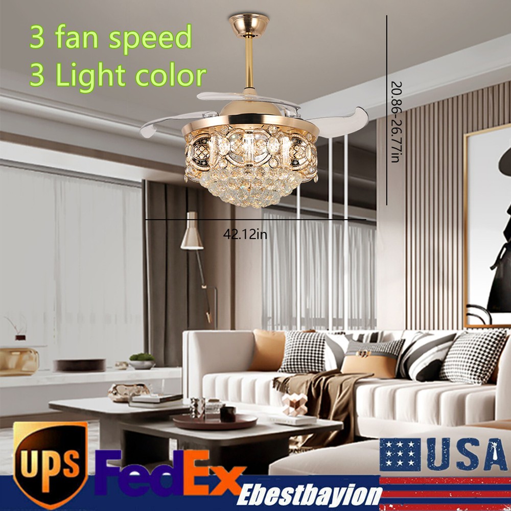 42-Inch Gold Crystal LED Ceiling Fan with Remote and Chandelier Lighting