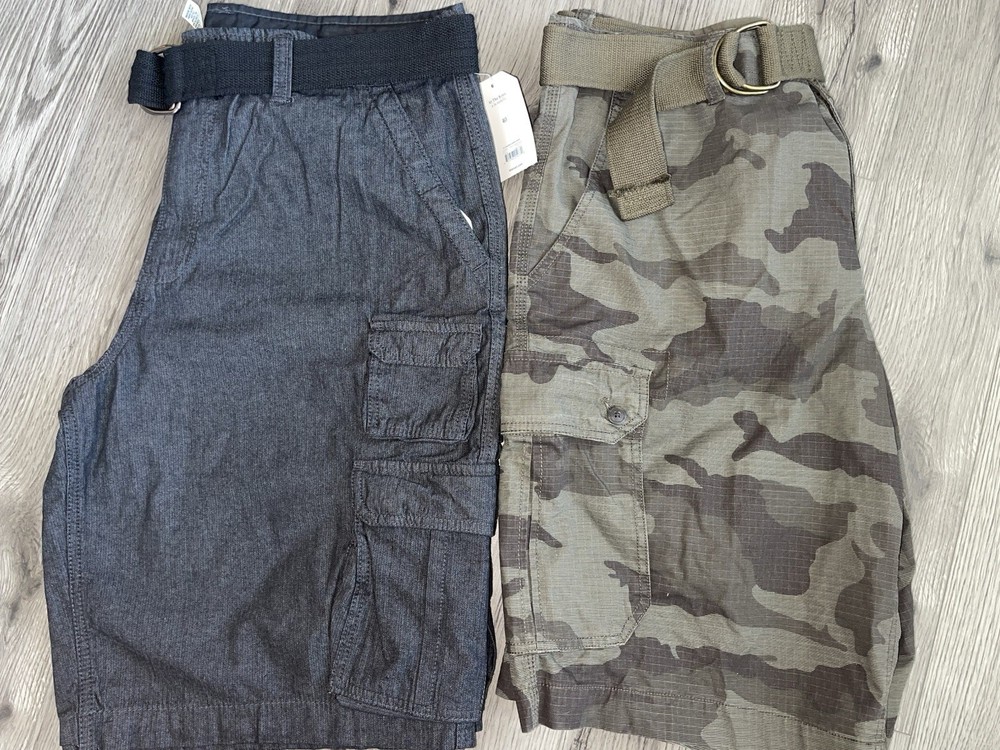 Faded Glory Men’s Size 40 Belted Cargo Shorts Bundle Camo Gray NEW W/Tags