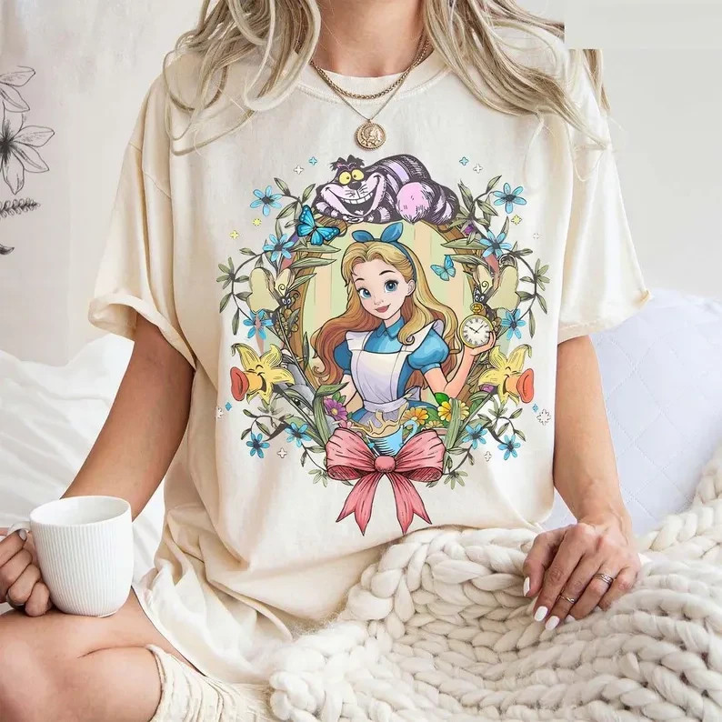 Alice in Wonderland Shirt, Mad Hatter & Cheshire Cat Floral Tee