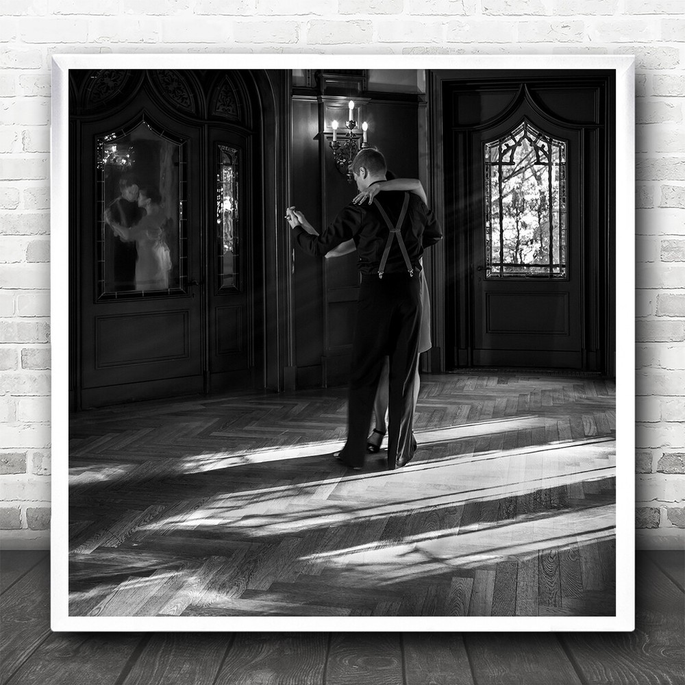 Black And White Waltz Dance Partner Reflection Square Wall Art Print