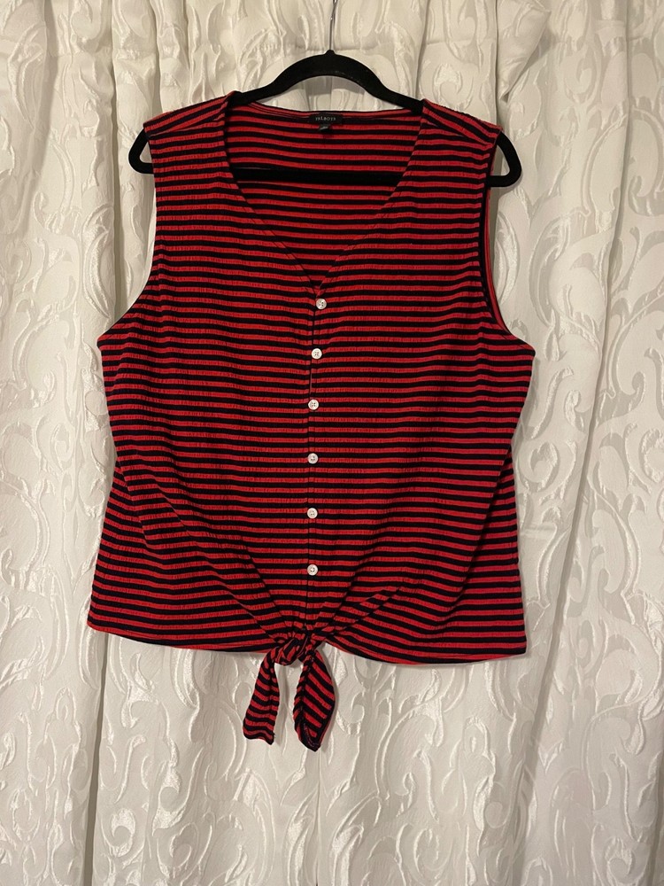 talbots top xl sleeveless tie waist blue/red stripes, stretchy coastal