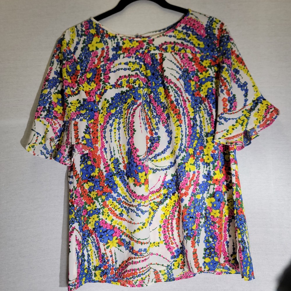 Talbots Womens Size L Short Sleeve Multicolor Swirl Floral Print Chiffon Blouse