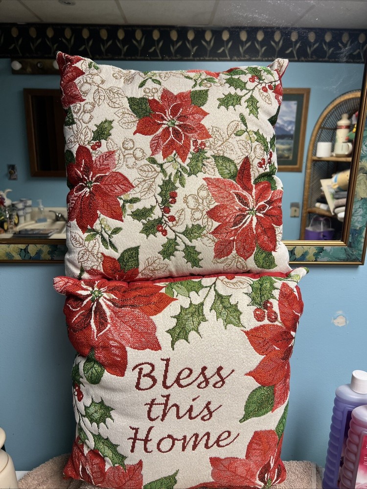 Two Poinsettia Tapestry Throw Pillows Red White Christmas Decor 14”x14”