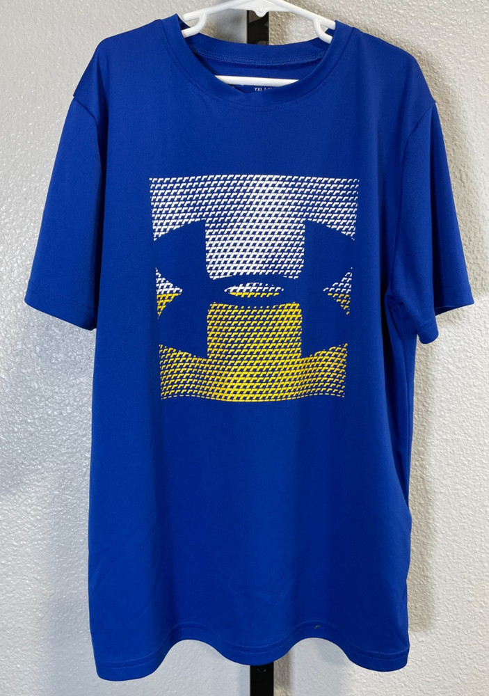 Under Armour Heat Gear Youth Boys Blue Yellow White T-Shirt Loose Sz YXL
