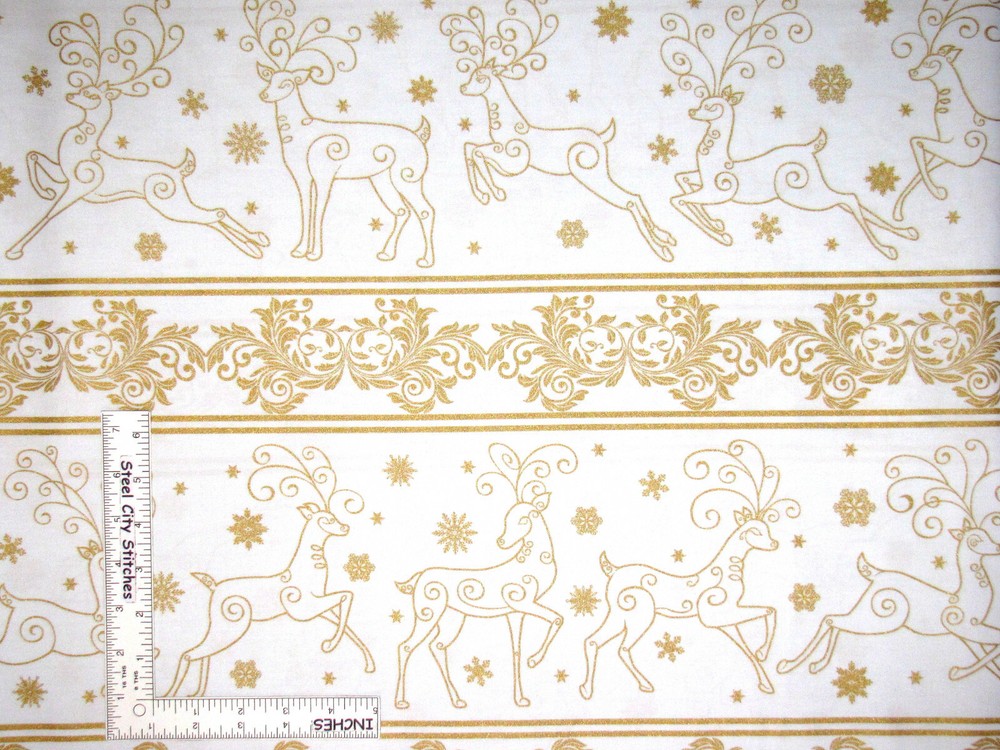Christmas Deer Festival ReindeerStripe Cotton Fabric White Gold Benartex By Yard