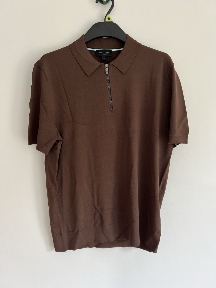 TED BAKER Polo Shirt TB 3 UK M Daldin Rayon Zip Polo Brown Short Sleeve NEW