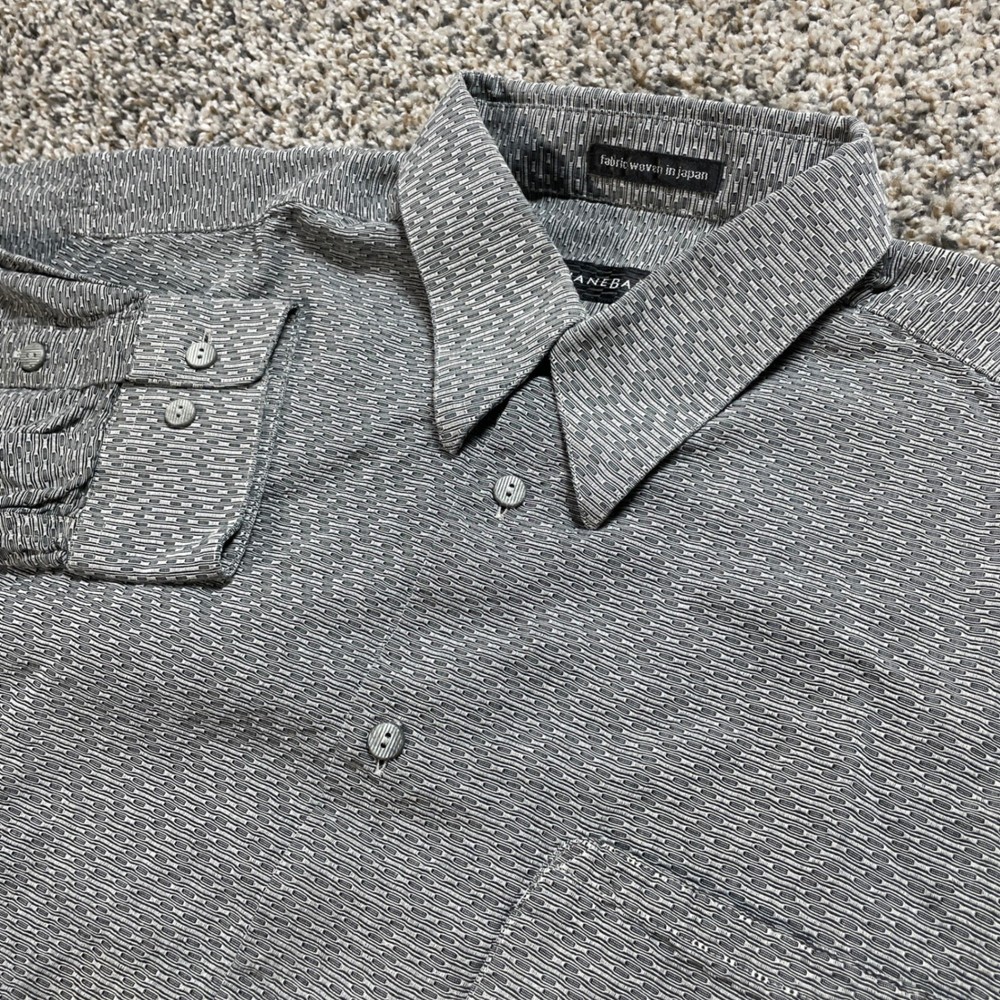 Jhane Barnes Men's L Grey Textured Geometric Button Up Shirt Fabric Woven Japan