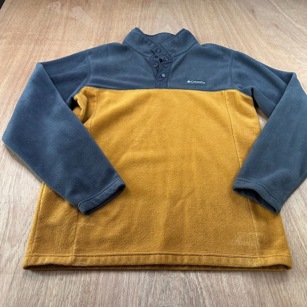 Columbia Fleece Pullover Mens Medium Black Mustard Snap Front Colorblock Jacket