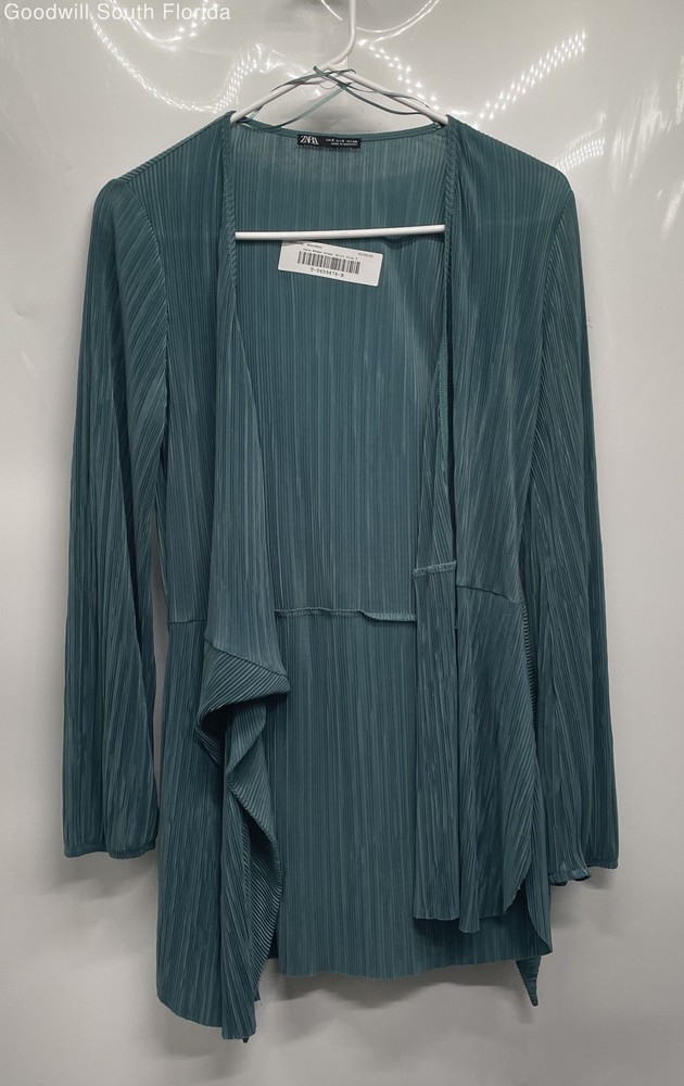 Zara Womens Green Pleated Long Sleeve Regular Fit Wrap Blouse Top Size S