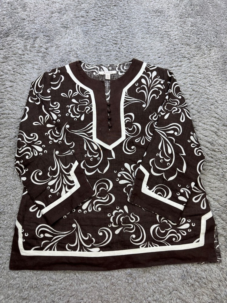 JM Collection Top Women 12 Chocolate Brown Floral Linen Artsy Henley Tunic