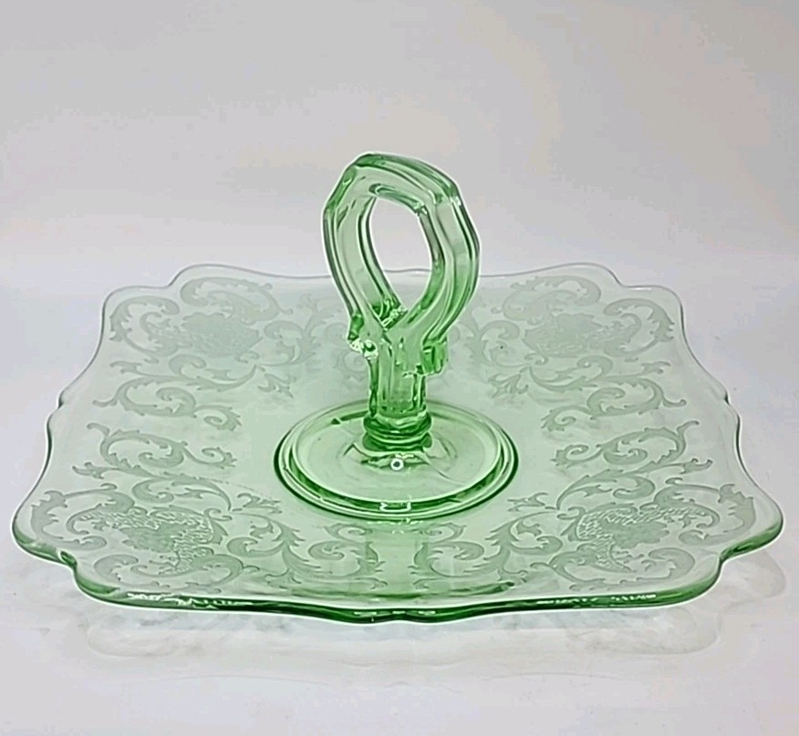 Uranium Depression Glass Etched Dessert Platter with Handle