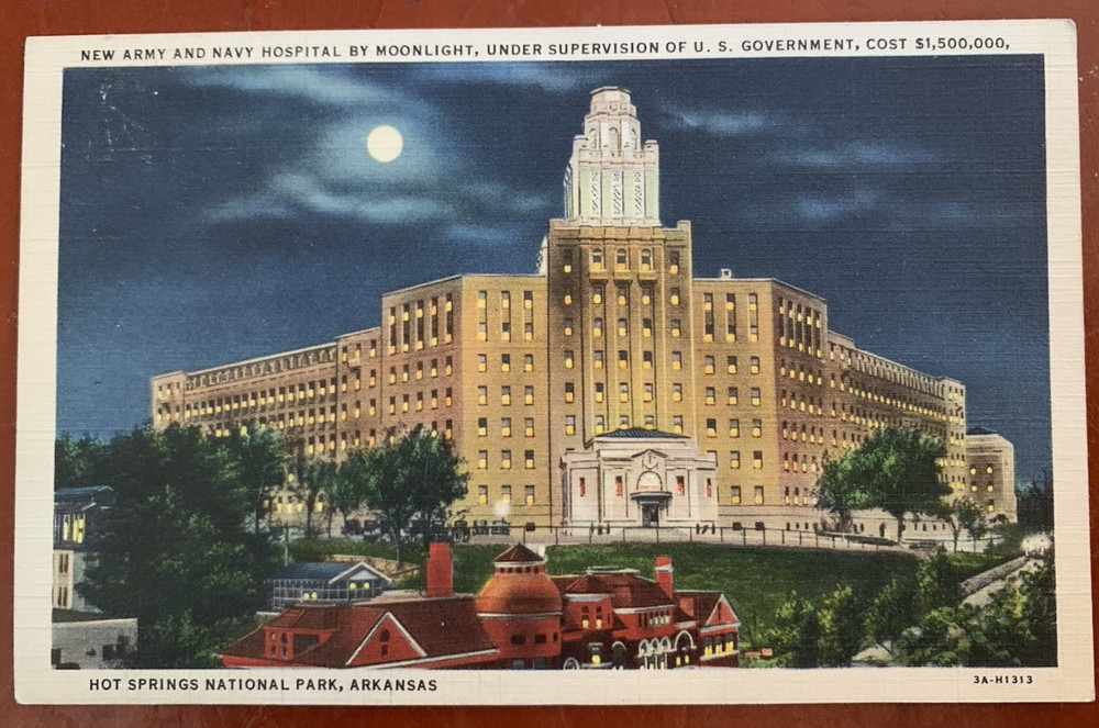 Army Navy Hospital by Moonlight Old Linen Postcard Hot Springs Arkansas