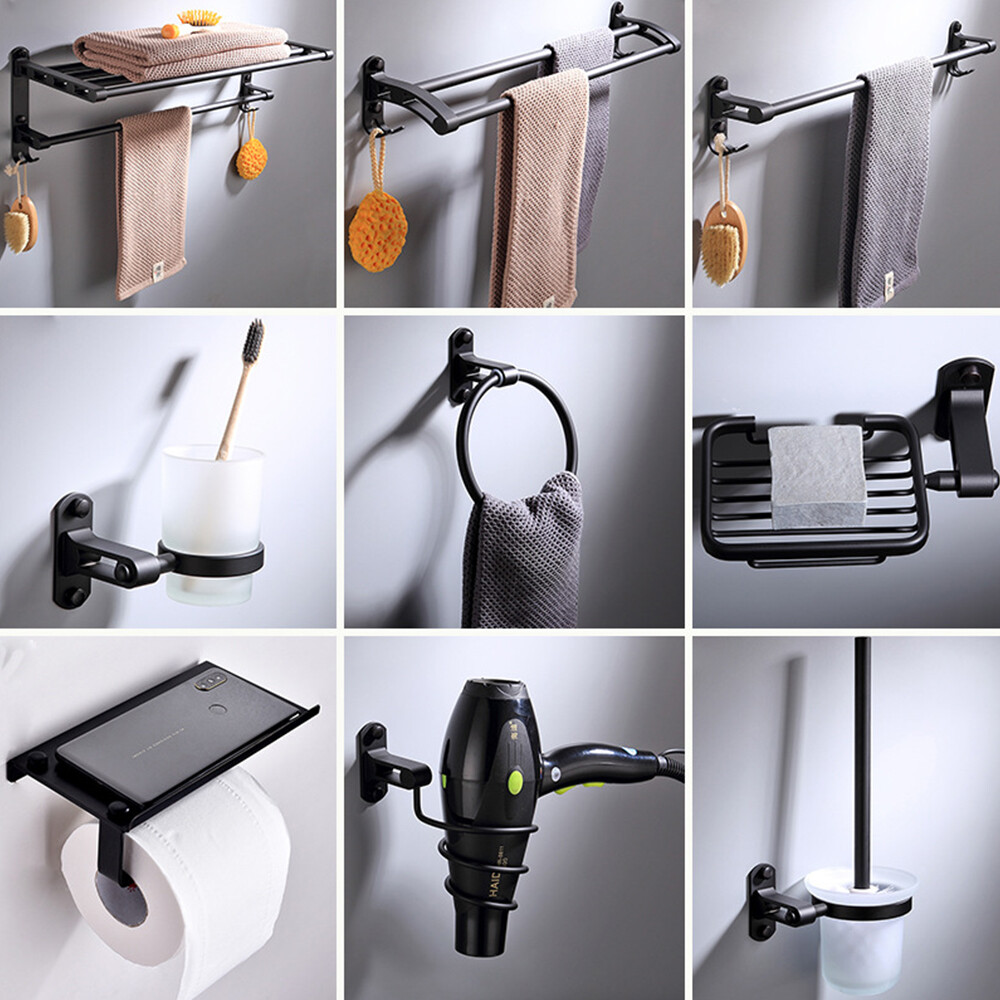 9pcs Black Aluminum Wall Mounted Bathroom Accessory Set with Towel Bar