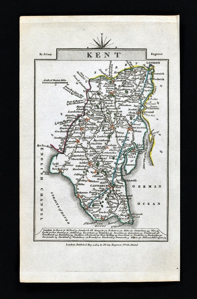 1814 John Cary Road Map Kent Canterbury Margate Maidstone Rochester England UK