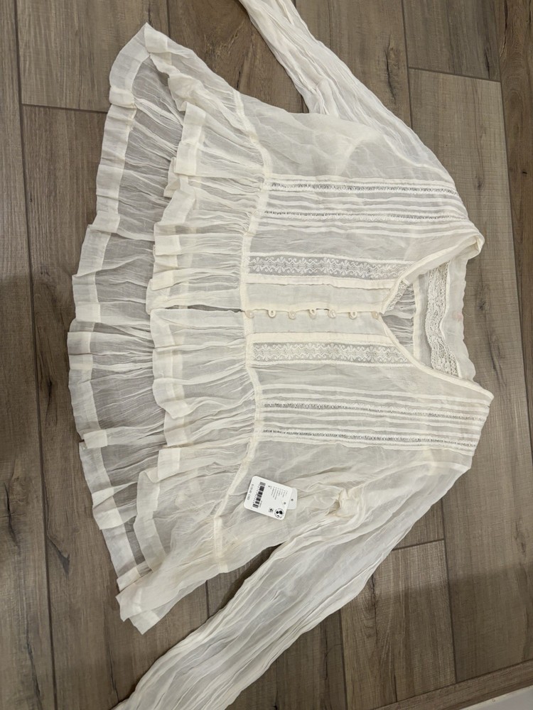 Free People Ivory Sheer Lace Button V-Neck Ruffle Long Sleeve Blouse Size S