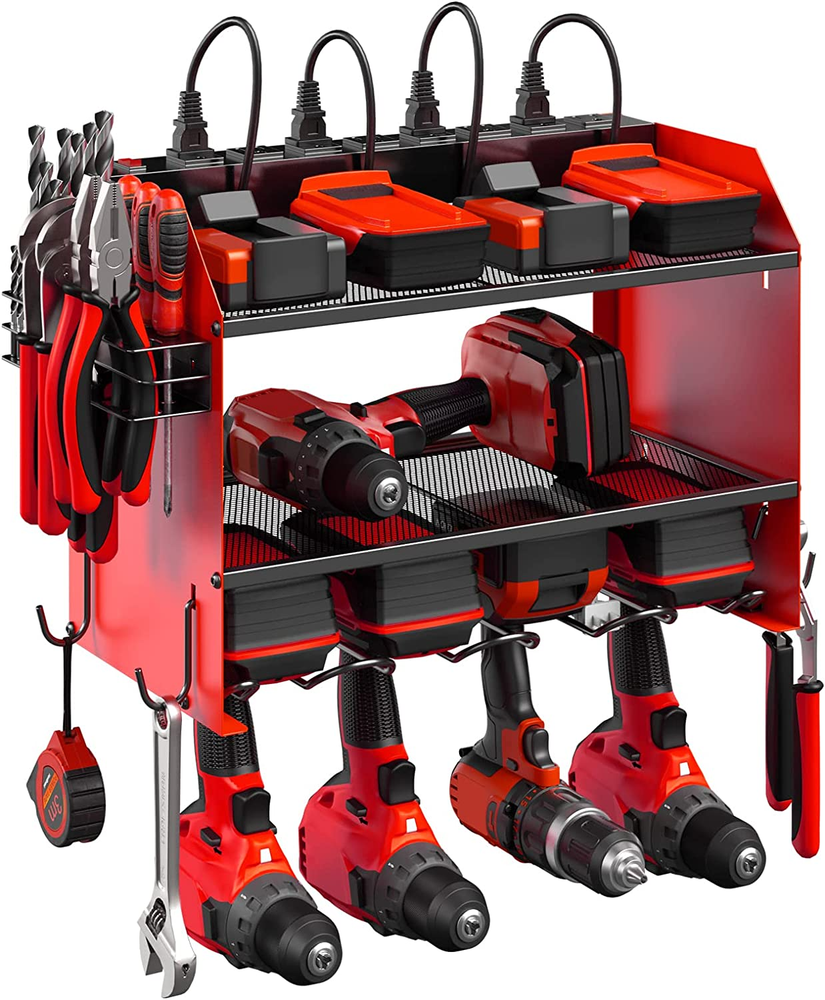 Modular Wall-Mounted Power Tool Organizer with Charging Station for 4 Drills
