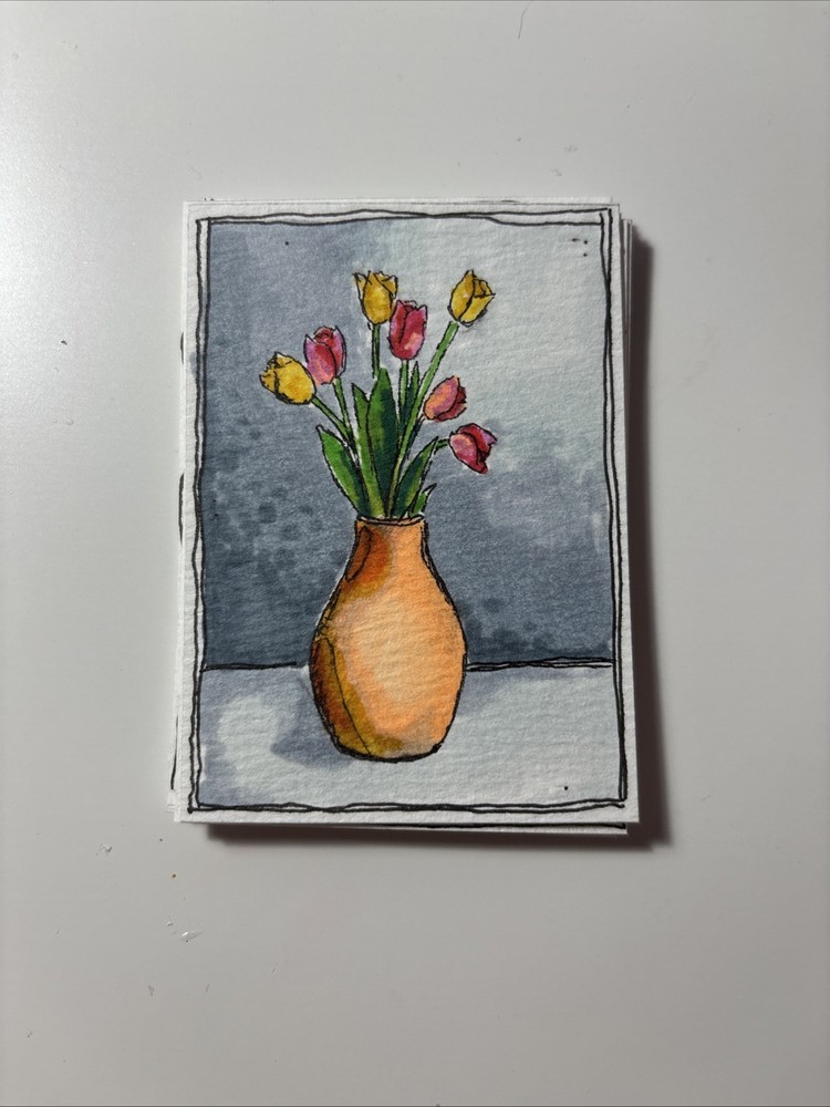 ACEO Original Drawing Of Flowers(yellow&pink Tulips) On Paper By Janie 2.5x3.5