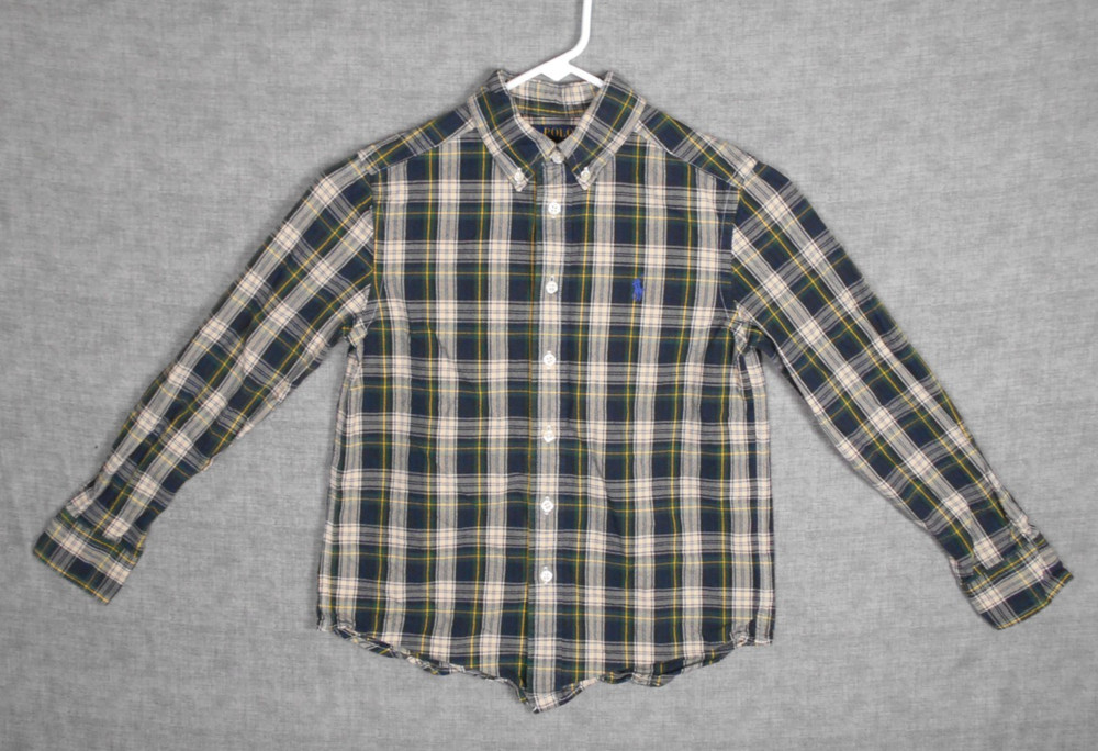 Polo Ralph Lauren YOUTH (8) Boys Shirt Green Plaid Button-Down Size Small