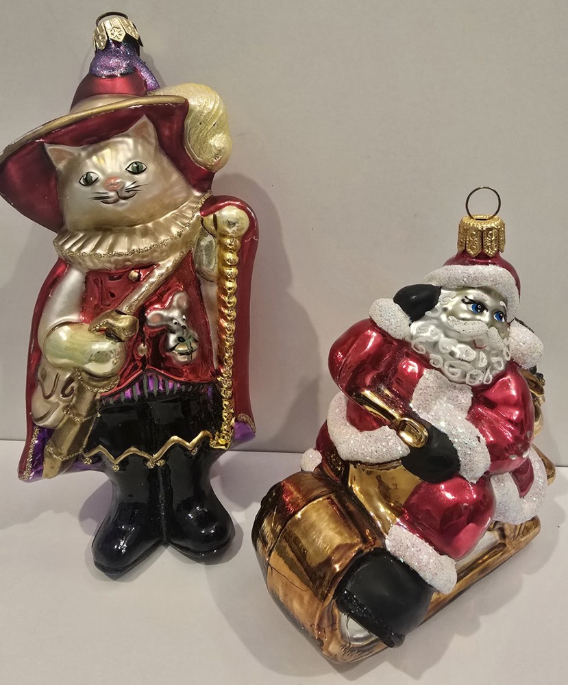 Two Blown Glass Christmas Ornaments Puss n Boots Santa Imperfect