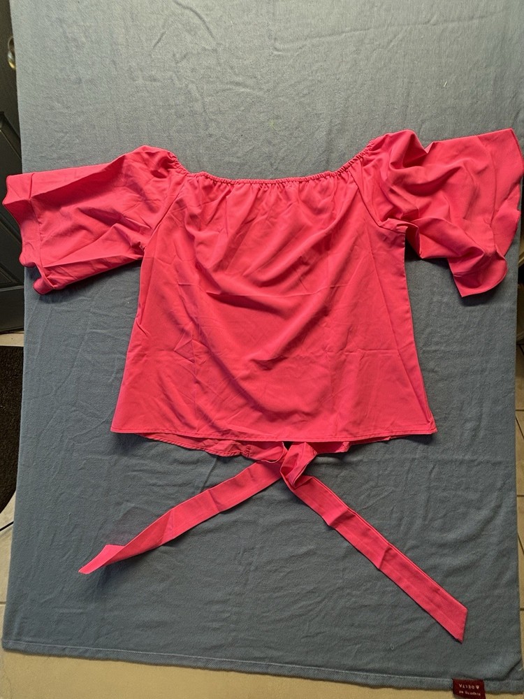 Women’s Hot Pink Off Shoulder Blouse Bell Sleeve Tie Back Top Size Medium