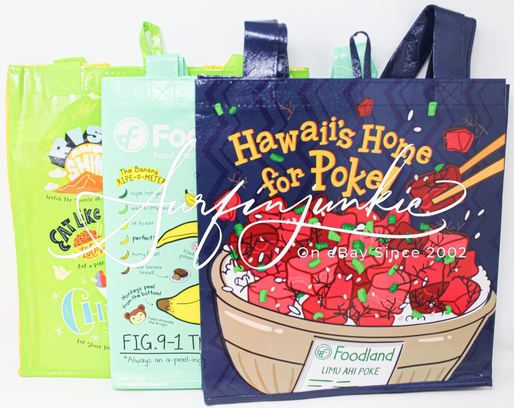 Foodland Market Hawaii Shopping Reusable Grocery Tote Bag Poke Maui Banana 3pc
