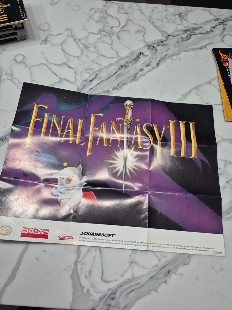 1991 Final Fantasy III SNES Poster Insert Moogle Squaresoft Nintendo Authentic