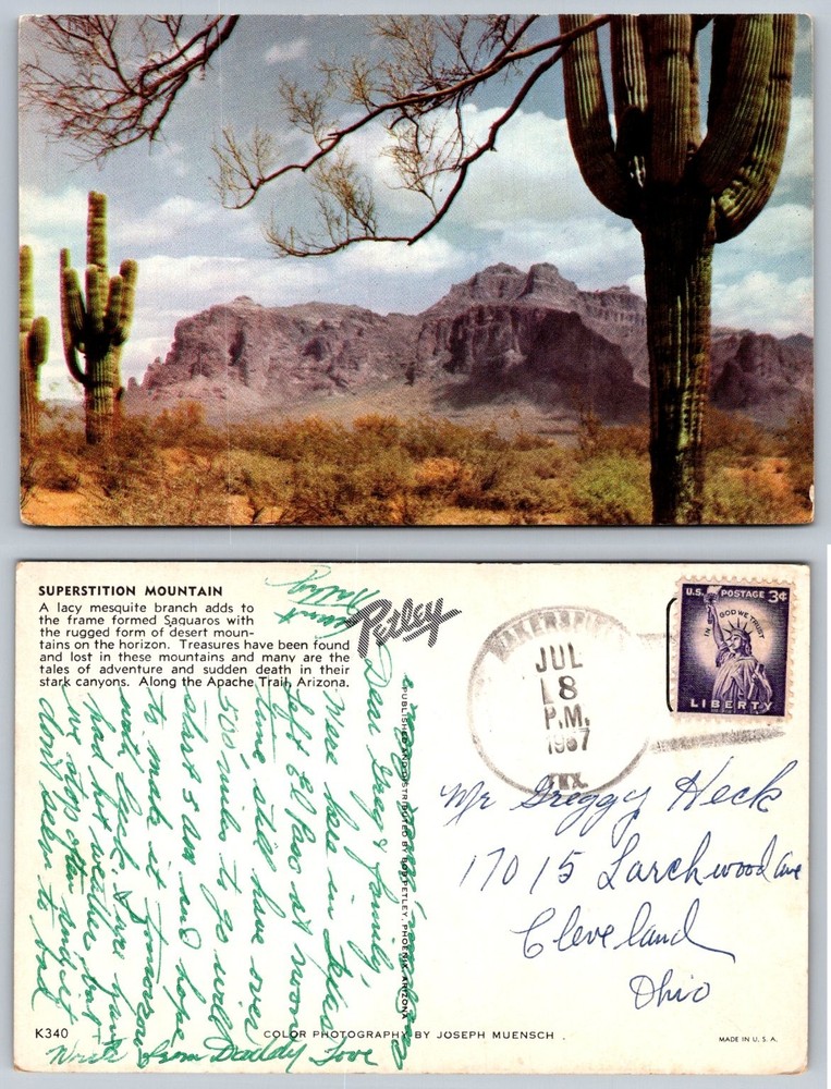 Superstition Mountain Apache Trail Arizona Saguaro Cactus Postcard 1967