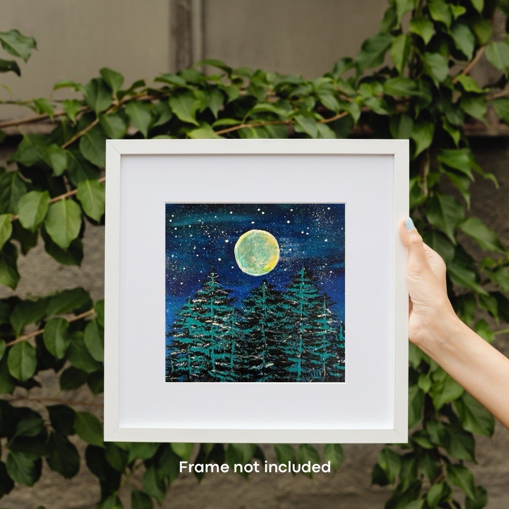 Full Moon Over Turquoise Trees VLP Original Acrylic 8x8” Flat Canvas Panel COA