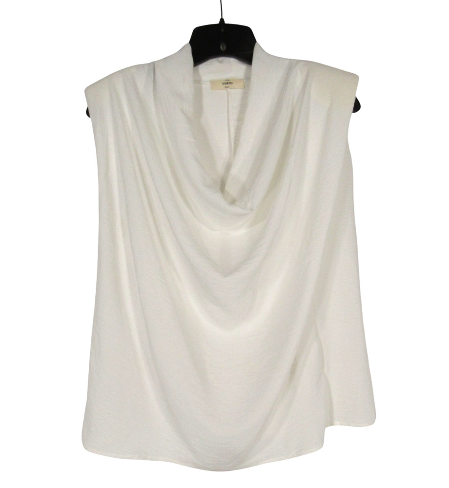 ENTRO White CREPE Sleeveless DRAPE NECKLINE Shoulder Pads BLOUSE/TANK TOP Sz S