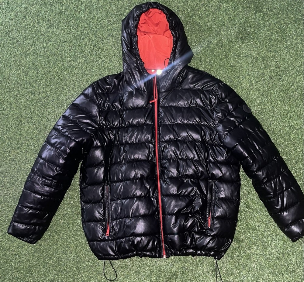 Cole Haan Quilted Hooded Puffer Jacket Black Red Lined Men's Size L