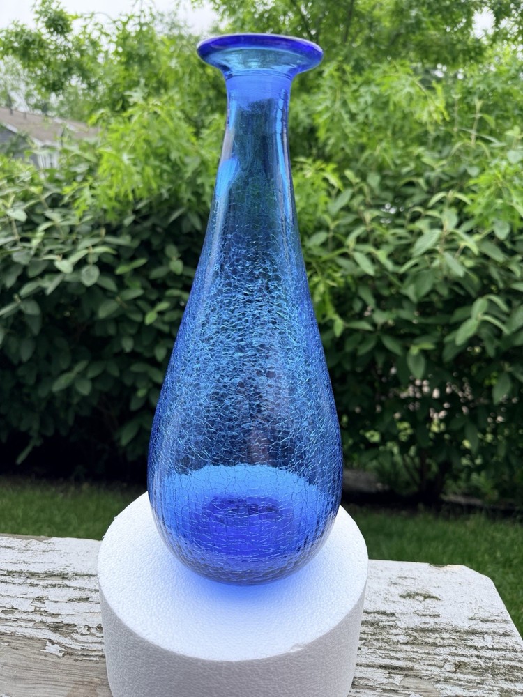 Vtg BLENKO Crackle Tear Drop Blue Decanter MCM Art GLASS No Stopper