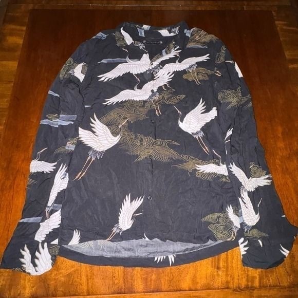 AllSaints Crane Print Button Up Shirt Medium Viscose Long Sleeve