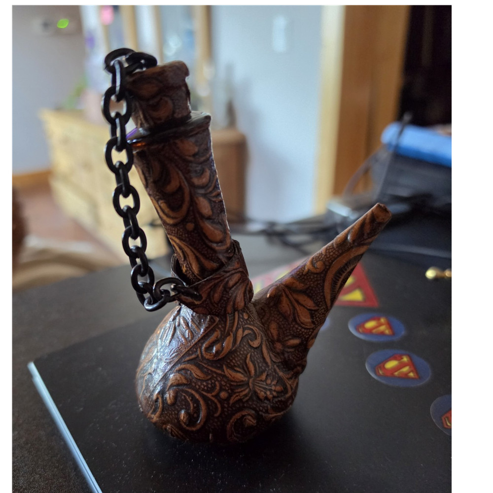 Vintage Tooled Leather Wrapped Glass Decanter – Porron Style Wine/Oil Bottle