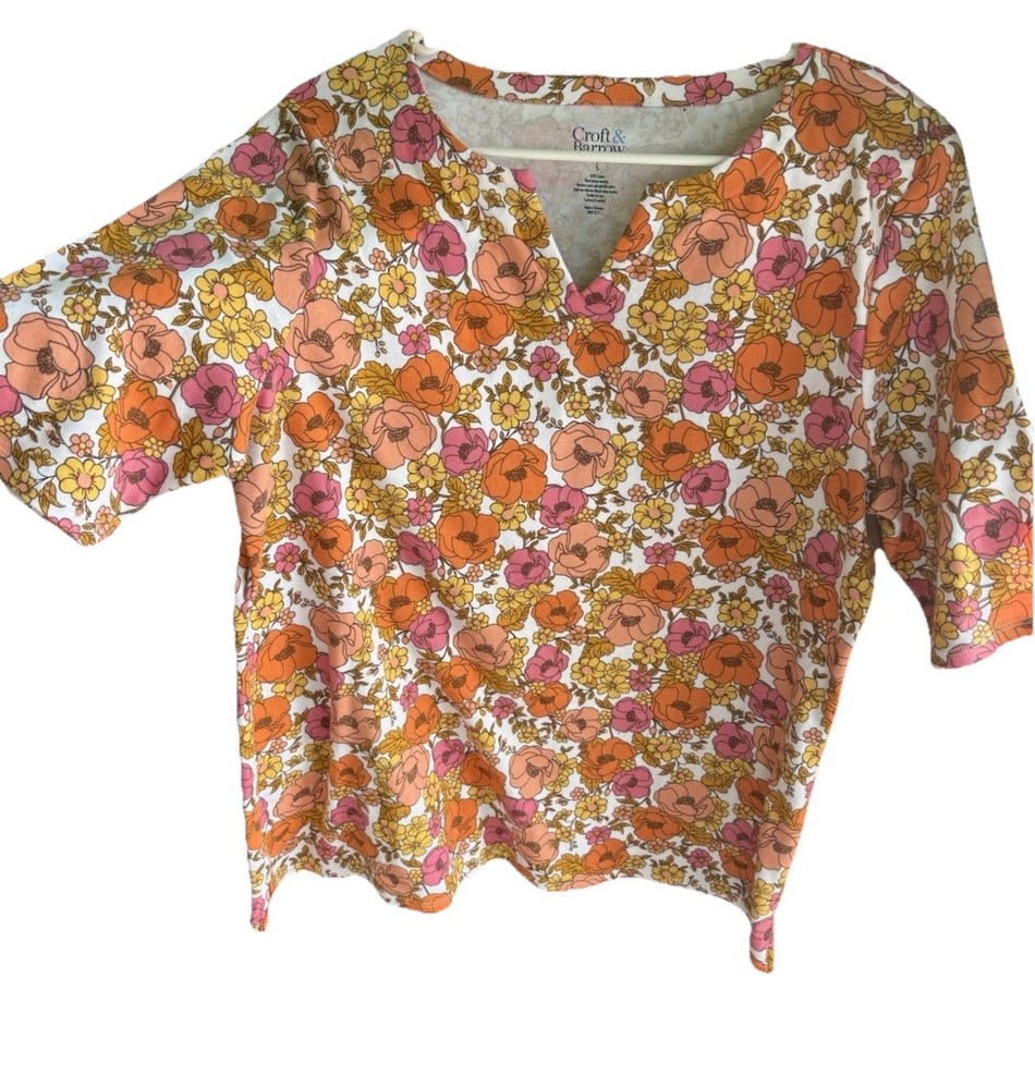 Croft & Barrow Women's Vibrant Floral knit Blouse V-Neck Short Sleeve Cotton L