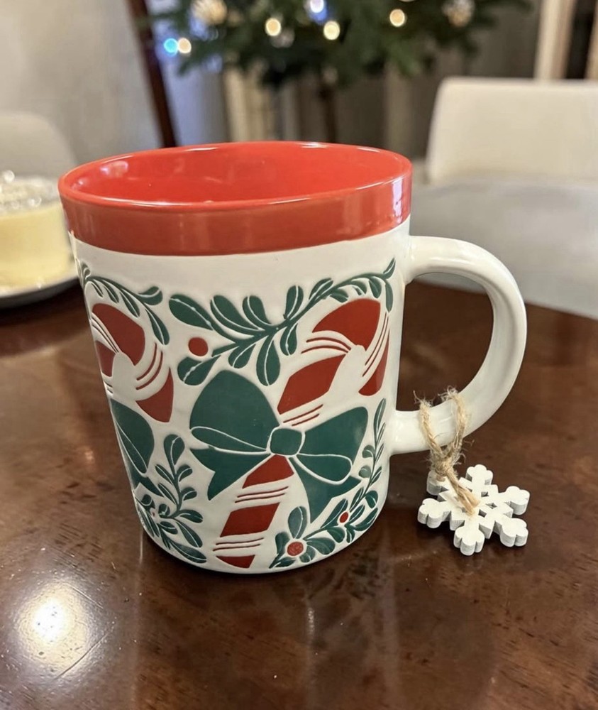 Prima Design Christmas Candy Cane Holly Coffee Mug Red Green Holiday Cup