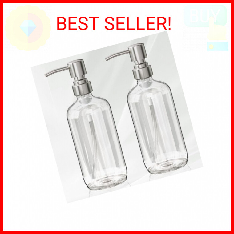 AmazerBath Soap Dispenser, 2 Pack Glass Soap Dispenser with Pump Stainless Steel