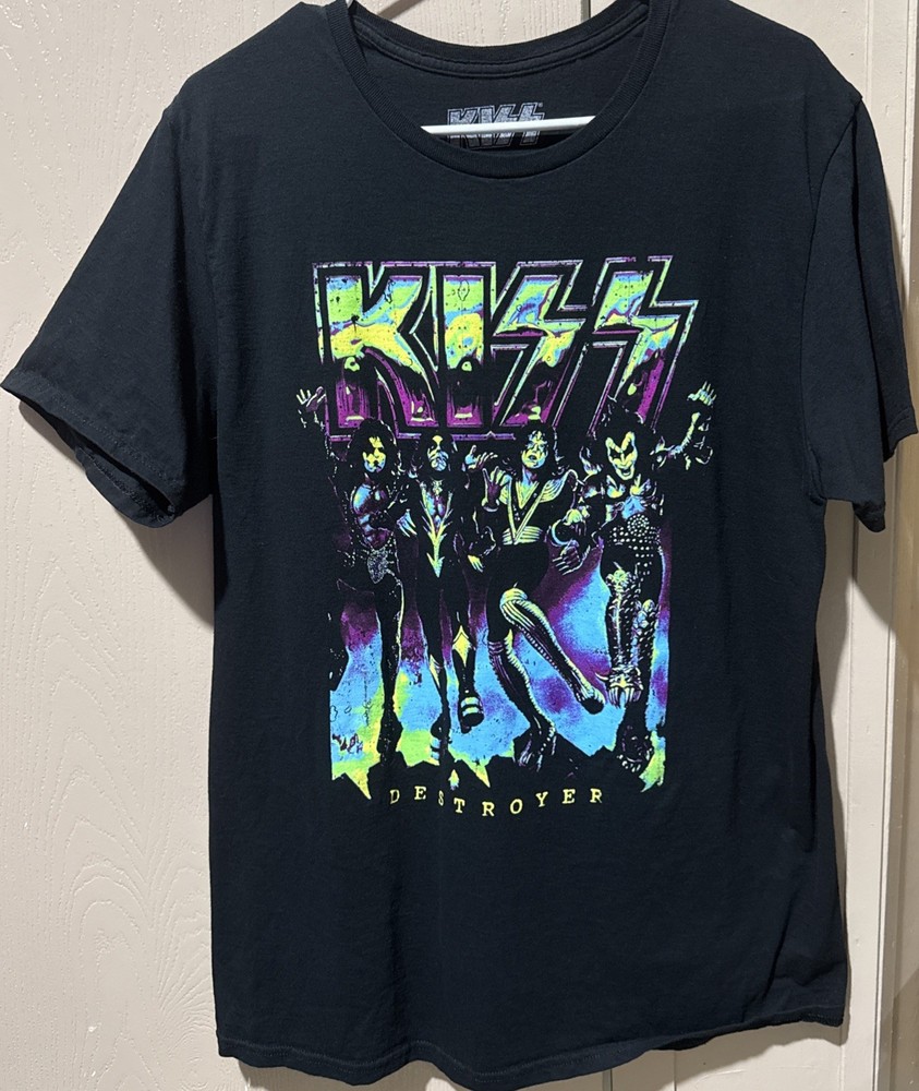 KISS Destroyer Graphic T-Shirt Men’s Large Black Neon Rock Band Tour Tee