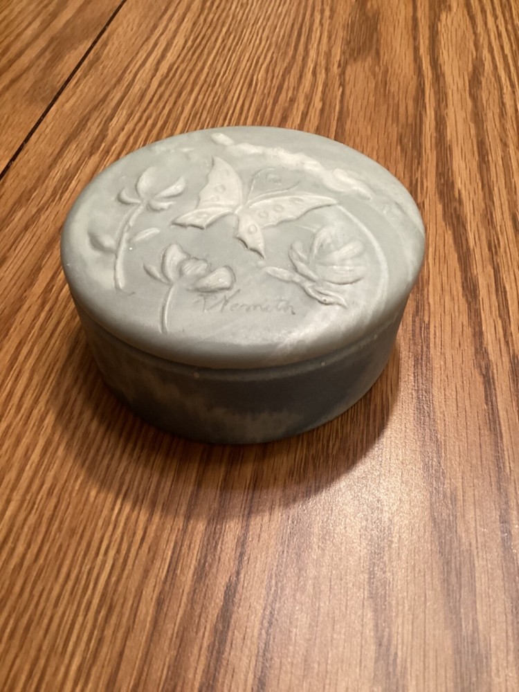 Butterfly and floral trinket round lid box signed by R Nemeth blue/green colors