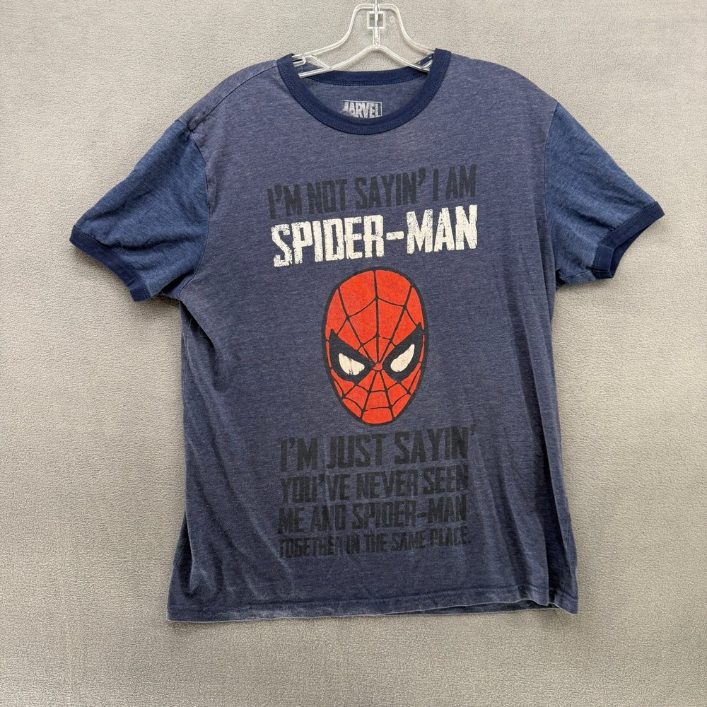 Marvel Spider-Man Mens Medium Blue Ringer T-Shirt Funny Graphic Tee MD