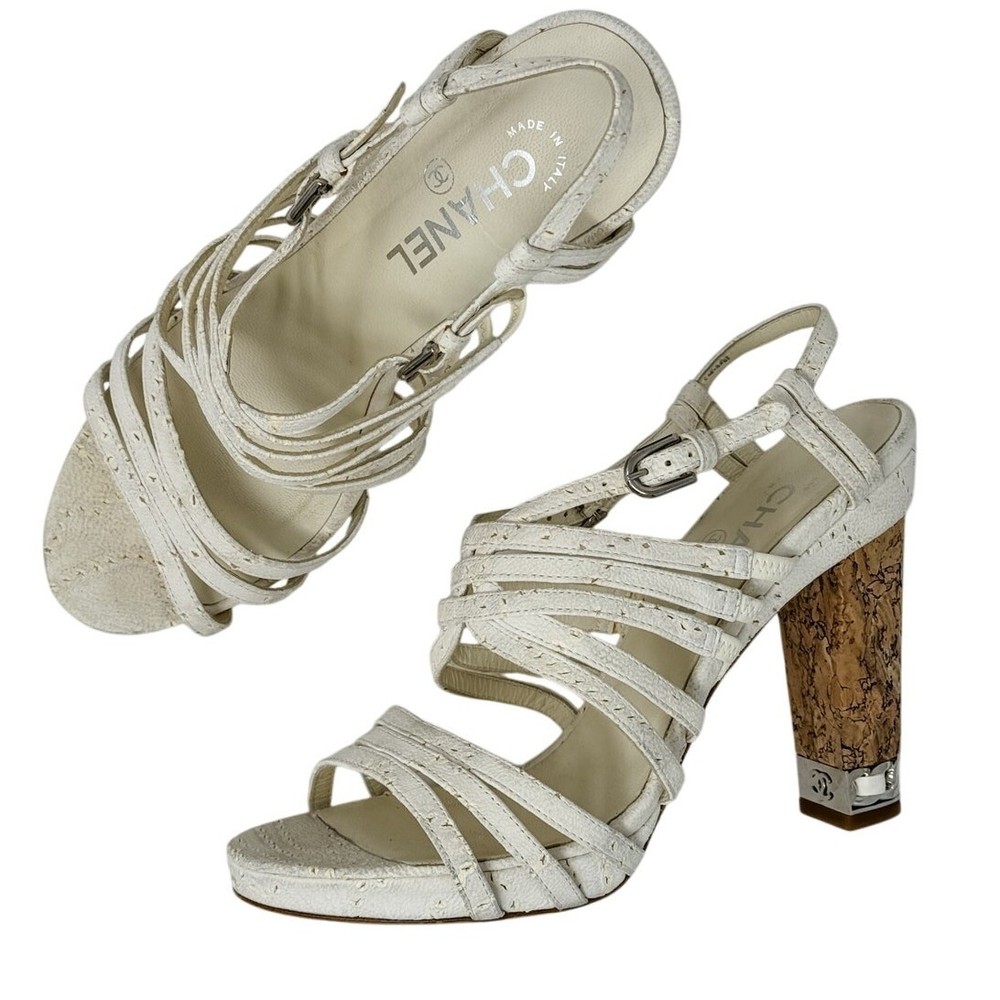 Chanel White Suede CC Chain Link Strappy Sandals Size 39 Cork Heel