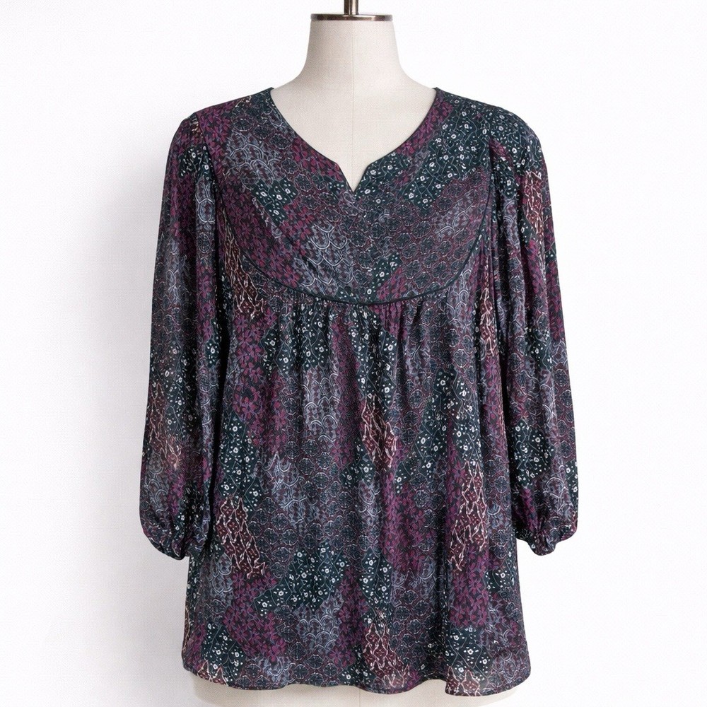 a.n.a A New Approach Tunic Top Plus 2X Boho Paisley 3/4 Sleeve Blouse Whimsigoth