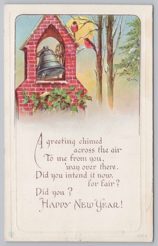 Holiday~Bells Birds & New Year Greeting Poem~Vintage Postcard