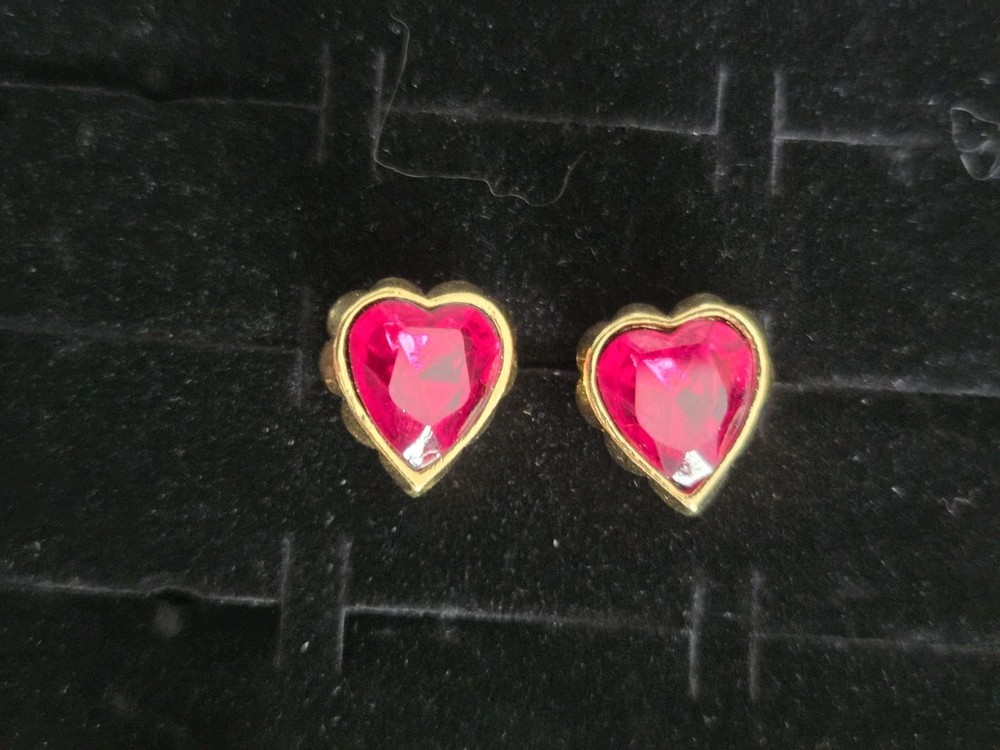 Vintage AVON Earrings Holiday Valentines Red Heart Crystal Stud Gold Tone