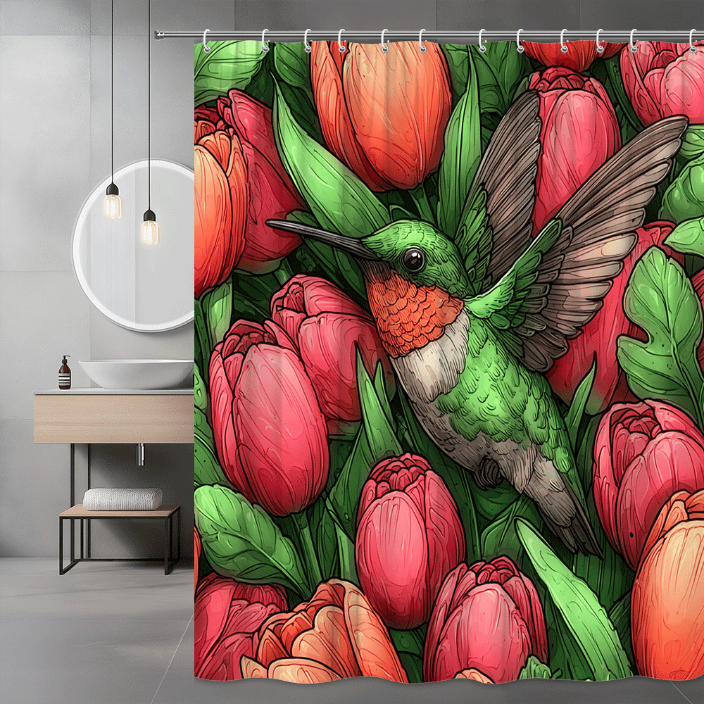 Hummingbird and Tulip Shower Curtain Floral Graphic
