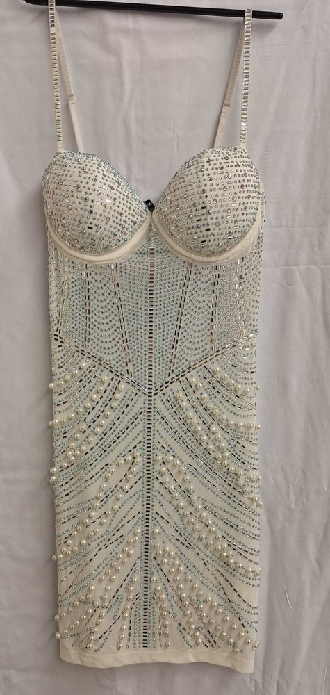 Banjul White Iridescent Rhinestone Pearl Mini Tube Dress Women’s Small Bodycon