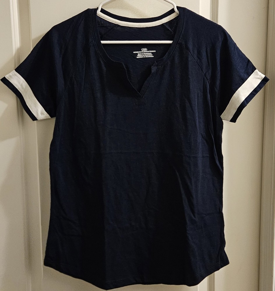 Women's Navy Solid Split Neck Short Sleeve Pullover T-Shirt Contrast Trim L