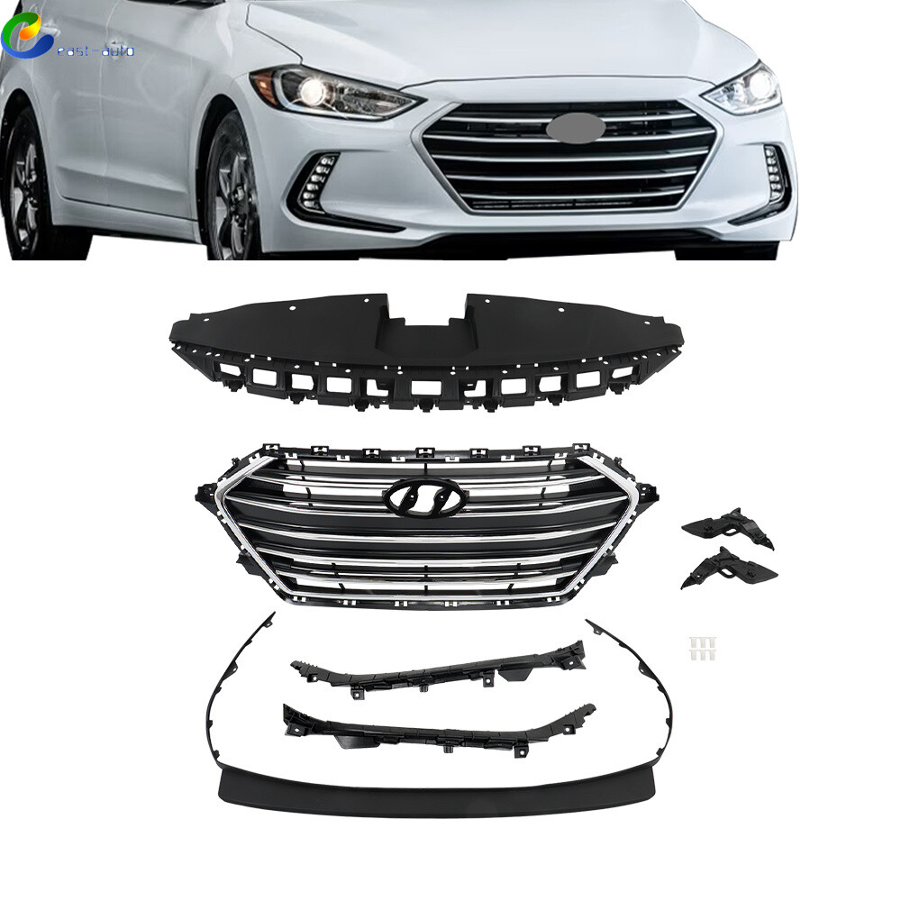 For 2017-2018 Hyundai Elantra Front Grille+4 Brackets+Bumper Lid+Radiator Cover